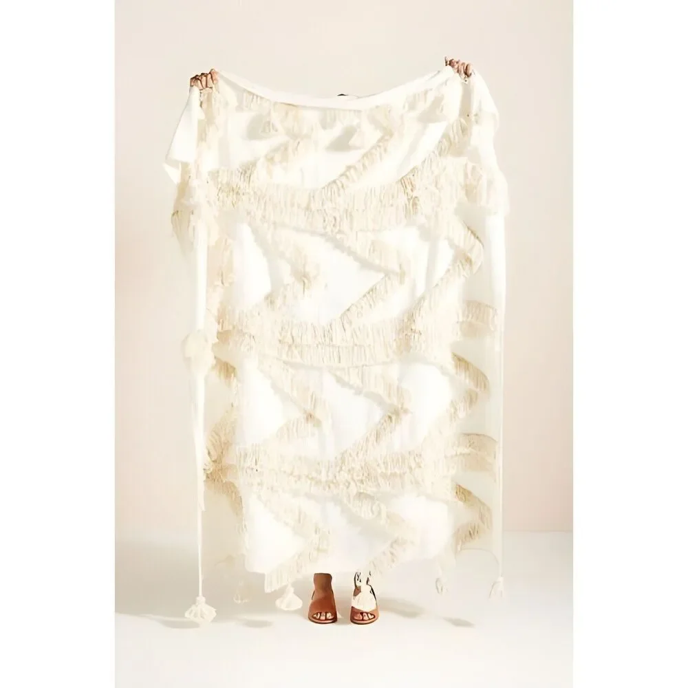 Anthropologie Fringe Bay Tasseled Cotton Throw Blanket Boho NEW